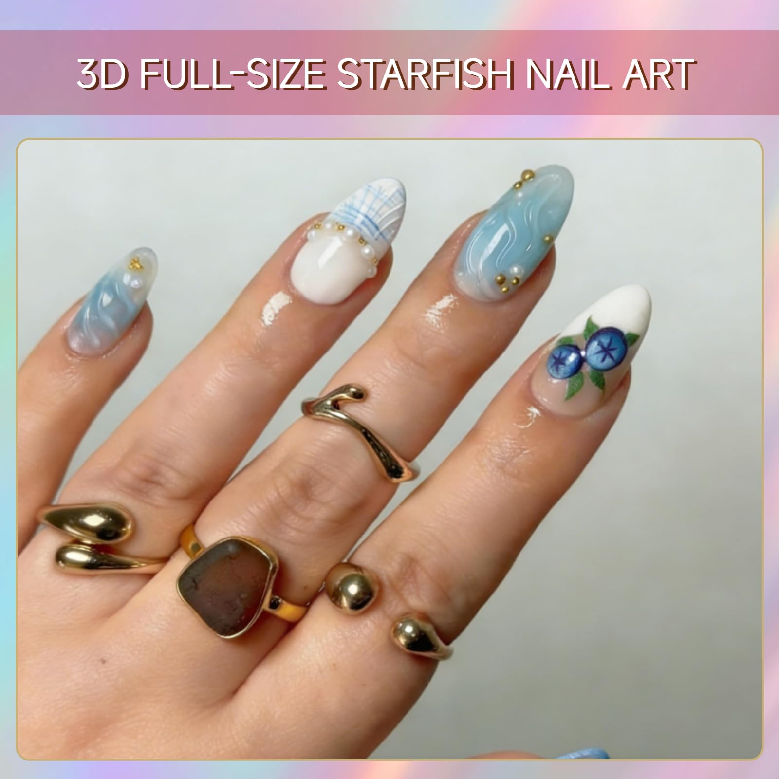 30 pezzi 3D boho blu Press on Nails: design a mandorla oceano con conchiglia e perline, fiori in rilievo, unghie artificiali con cuscinetti adesivi e lima da donna.