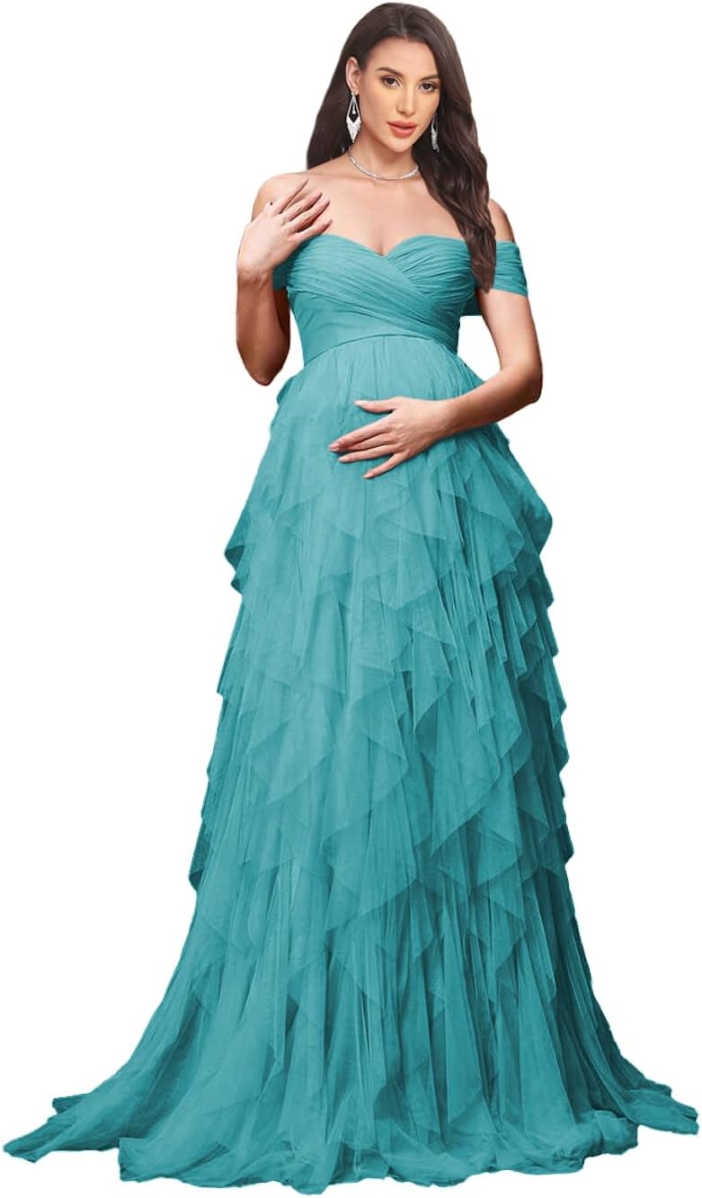 Off Shoulder Maternity Dresses for Women Ruffles Tulle Long Layer Sweetheart Neck Pregnancy Gown Baby Shower