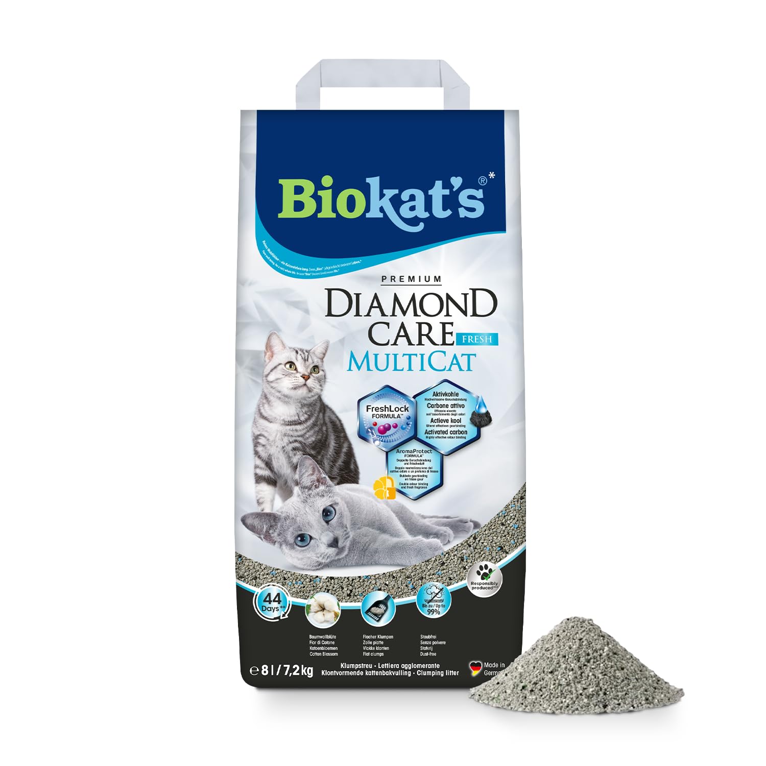 Biokat's Diamond Care MultiCat Fresh Katzenstreu mit Duft - Feine Klumpstreu aus Bentonit mit Aktivkohle speziell für Mehrkatzen-Haushalte - 1 Sack (1 x 8 L)