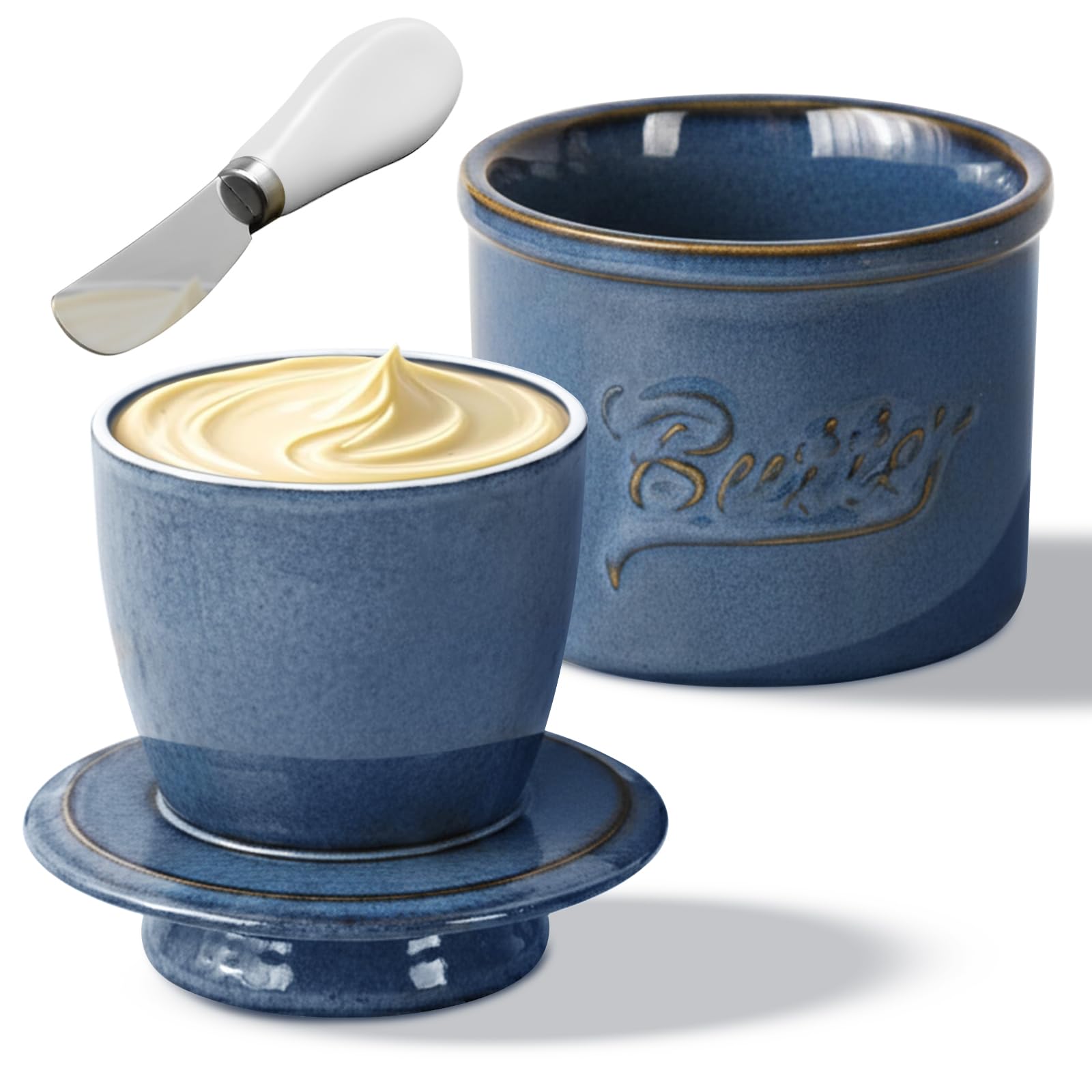 French Butter Crock with Spreader, Ceramic Butter Dish with Water Line for Fresh Spreadable Butter, Reactive Glaze, Blue