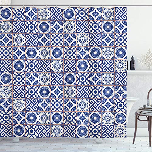 Ambesonne Moroccan Shower Curtain, Old Ottoman Style Inspired Mix of Moroccan Tiles in Modern Shades Art Print, Cloth Fabric Bathroom Decor Set with Hooks, 69' W x 70' L, Grey Blue