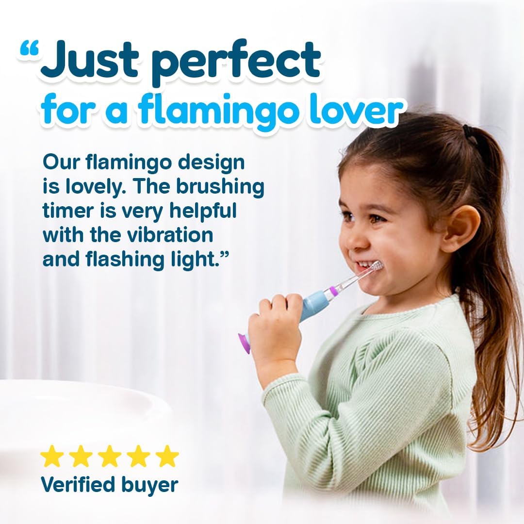 Brush‑Baby - KidzSonic Flamingo Kids Electric Toothbrush for Ages 3+ with Disco LED Lights, Gentle Sonic Vibrations, 2-Minute Smart Timer & 30‑Second Pulse Reminders – AAA Battery Included