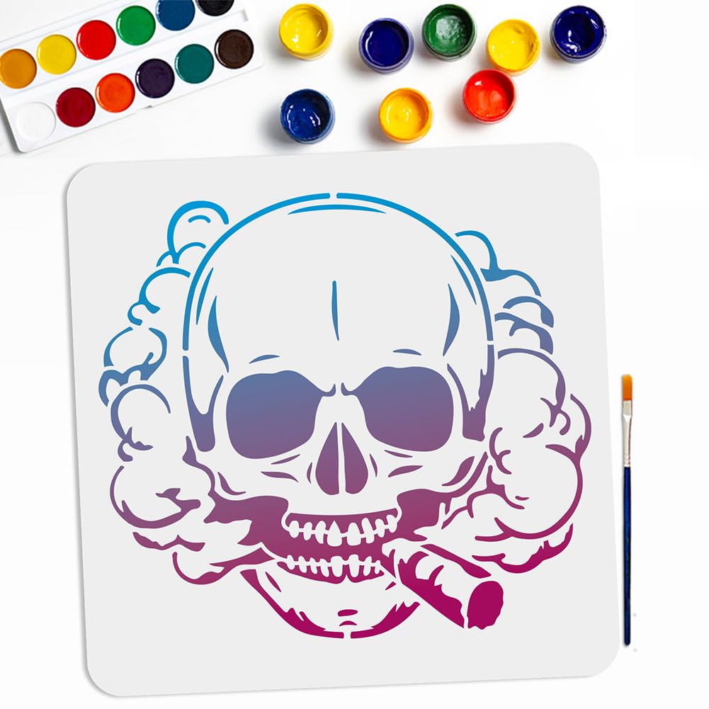 MAYJOYDIY Large Skull Smoking Stencils 11.8×11.8inch Halloween Scary Skull Stencil with Paint Brush Skeleton Head Drawing Template for Wood Canvas
