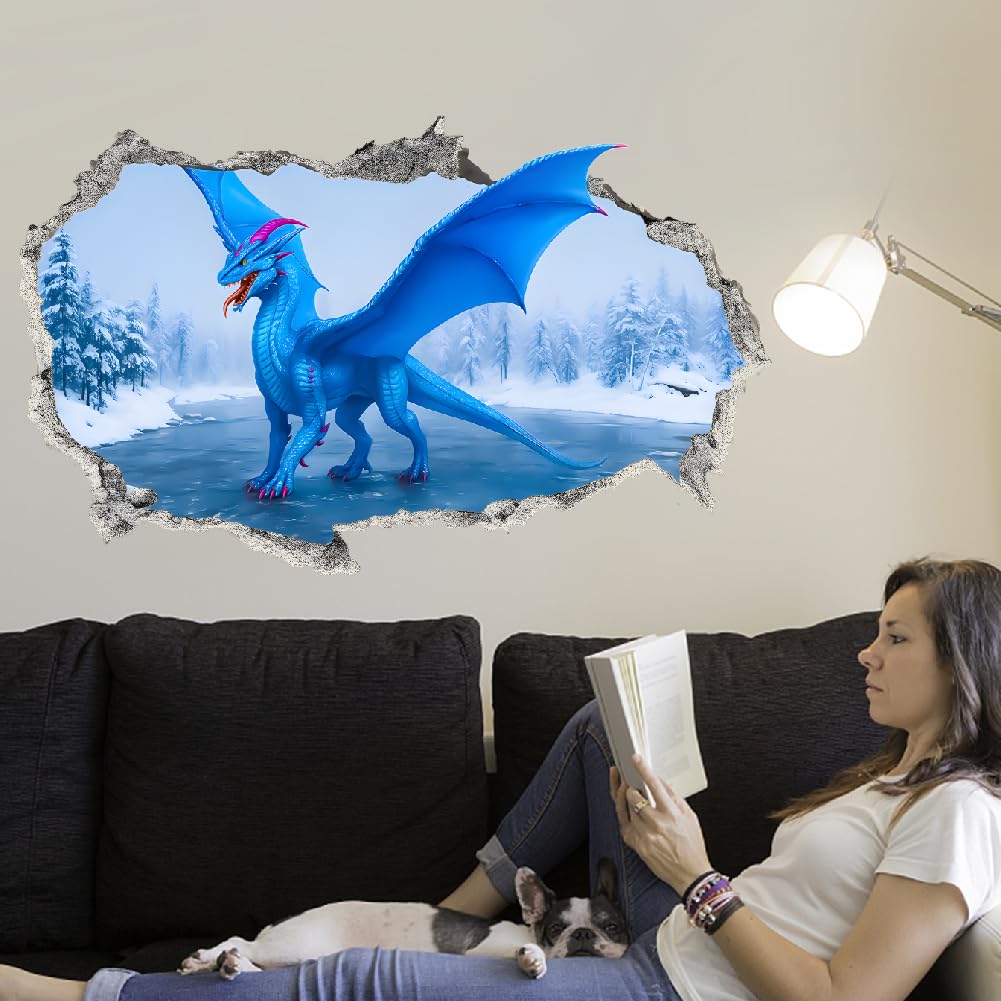 SUPERDANT 3D Dragon of Ice and Snow Wall Stickers Blue Dragon Wall Decal Animal Stickers for Walls Vinyl Art Sticker for Bedroom Living Room Playroom Decoration Gifts for Kids 60x65cm