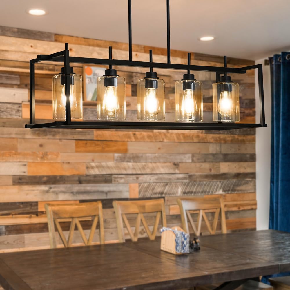 DSMJFU Black Farmhouse Rectangular Chandelier for Dining Room, 5-Light Linear Pendant Lighting, Rectangular Kitchen Island Light Fixture Over Table, Adjustable Height Chandelier Hanging Light 40.9in Black