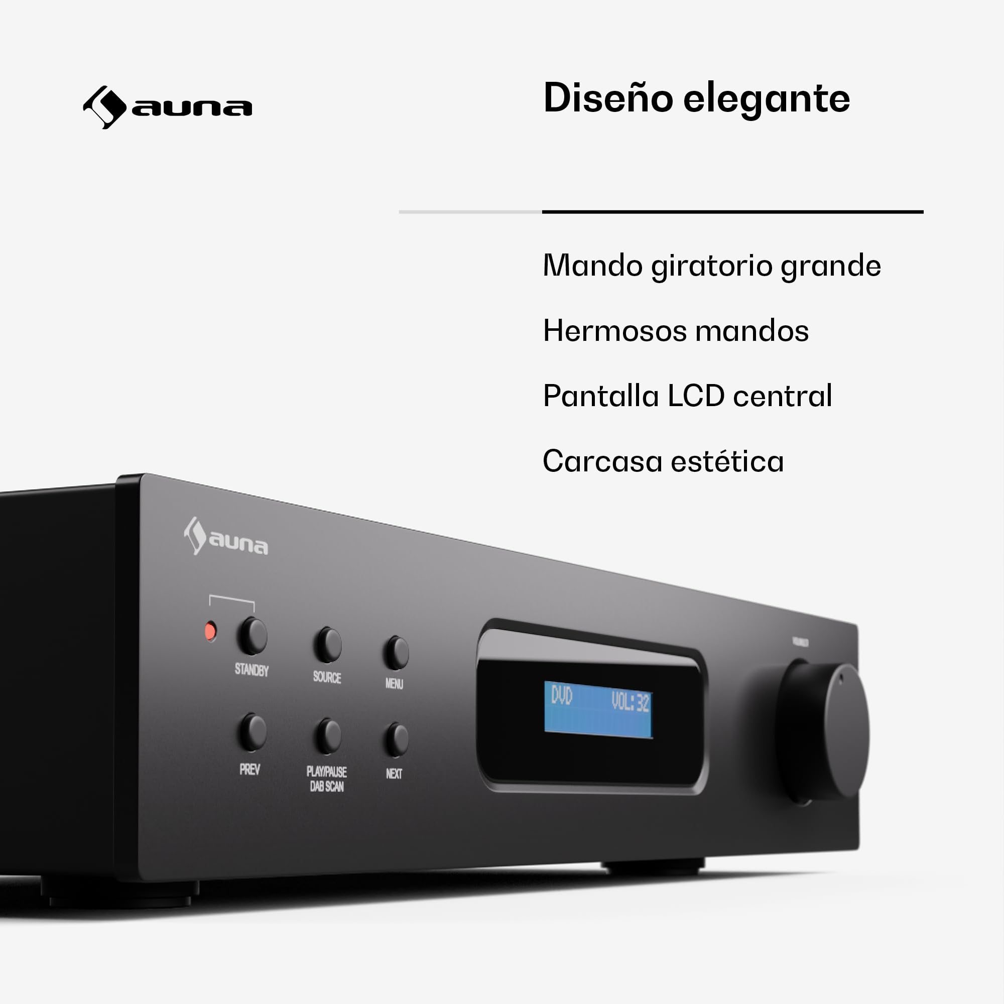 Auna Art22 Amplificador HiFi Bluetooth & Radio Dab+ - 2x60W Sonido Estéreo, Entradas Óptica & Coaxial, Sintonizador FM, Reproducción CD/DVD, Mando a Distancia, Diseño Compacto, Negro