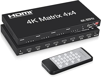 Tobo 4x4 HDMI Matrix Switch 4K@60Hz, HDMI Matrix Switcher Splitter 4 in 4 Out with RS232 Control, HDMI Matrix Selector Box with EDID, Support Auto Downscale, HDR, HDMI2.0, HDCP2.2, 18Gbps-TD-504H.