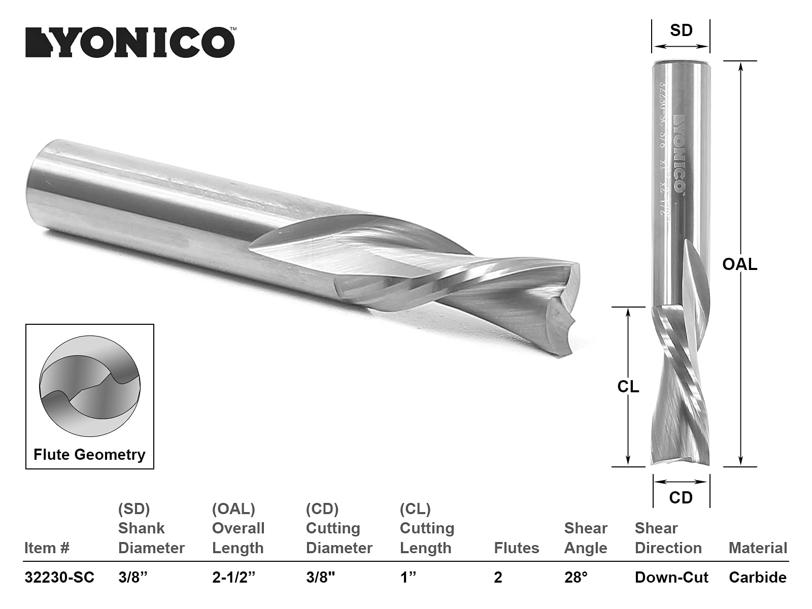 YONICO Downcut Router Bits Spiral 2 Flute Solid Carbide CNC End Mill 3/8-Inch Dia. 3/8-Inch Shank 32230-SC