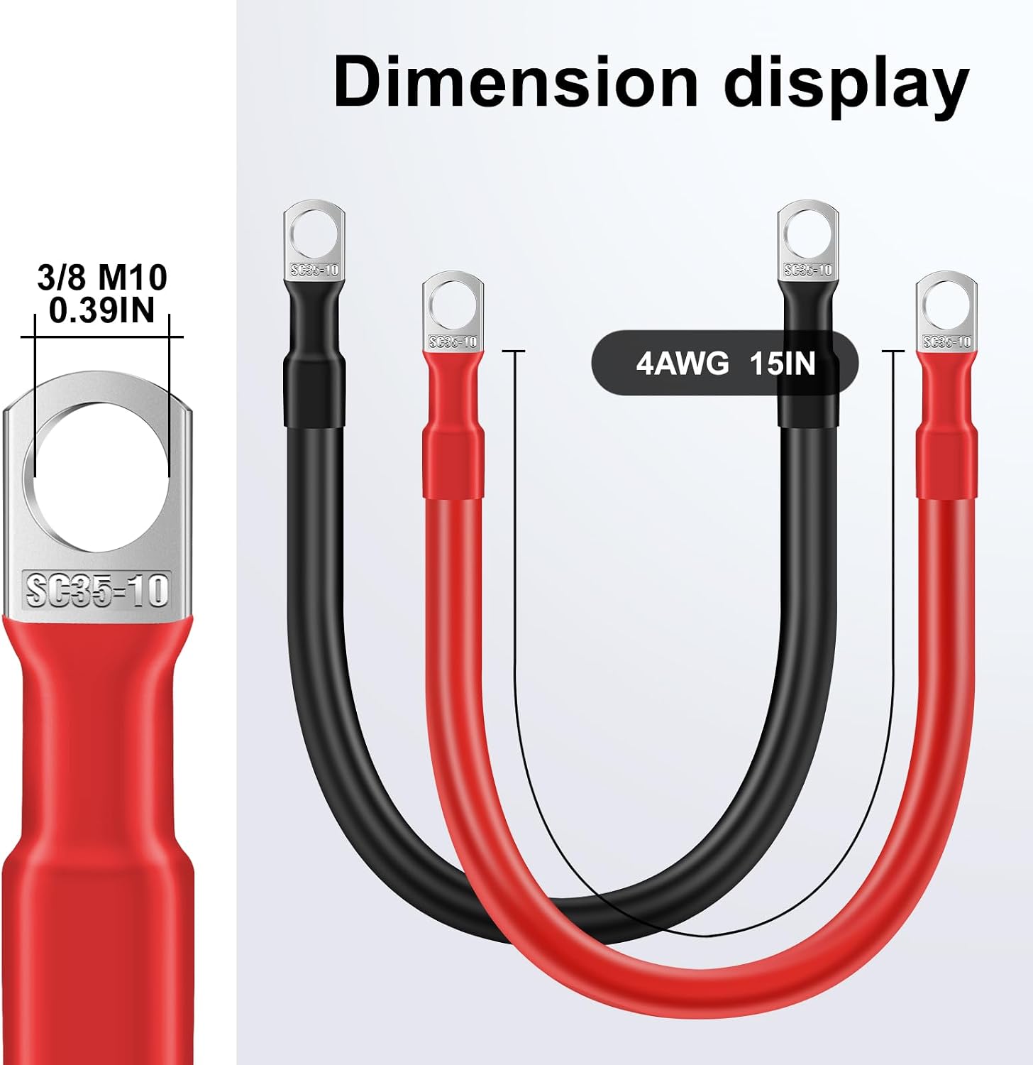 4AWG 15-Inch Battery Cables Set, (1 Positive & 1 Negtive) with 3/8 M10 Lug Terminals, Power cord inverter jumper cables, Battery Cable for Car, Truck, Solar, Marine, Lawn Mower, RV