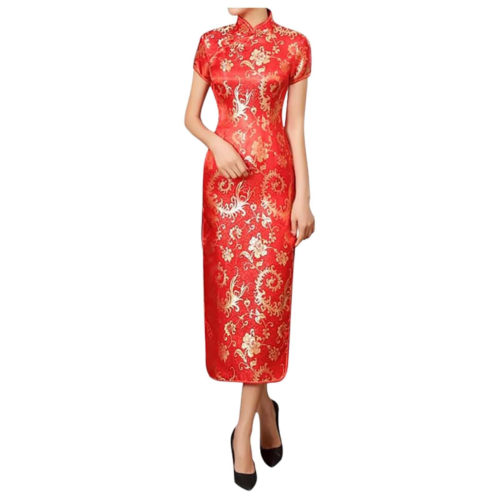 KBOPLEMQ Vestido chino para mujer, vestido tradicional para mujer, elegante, cheongsam, sexy, vestido chino, cheongsam, manga corta, brocado, vestido largo, vestido de noche, vestido de fiesta