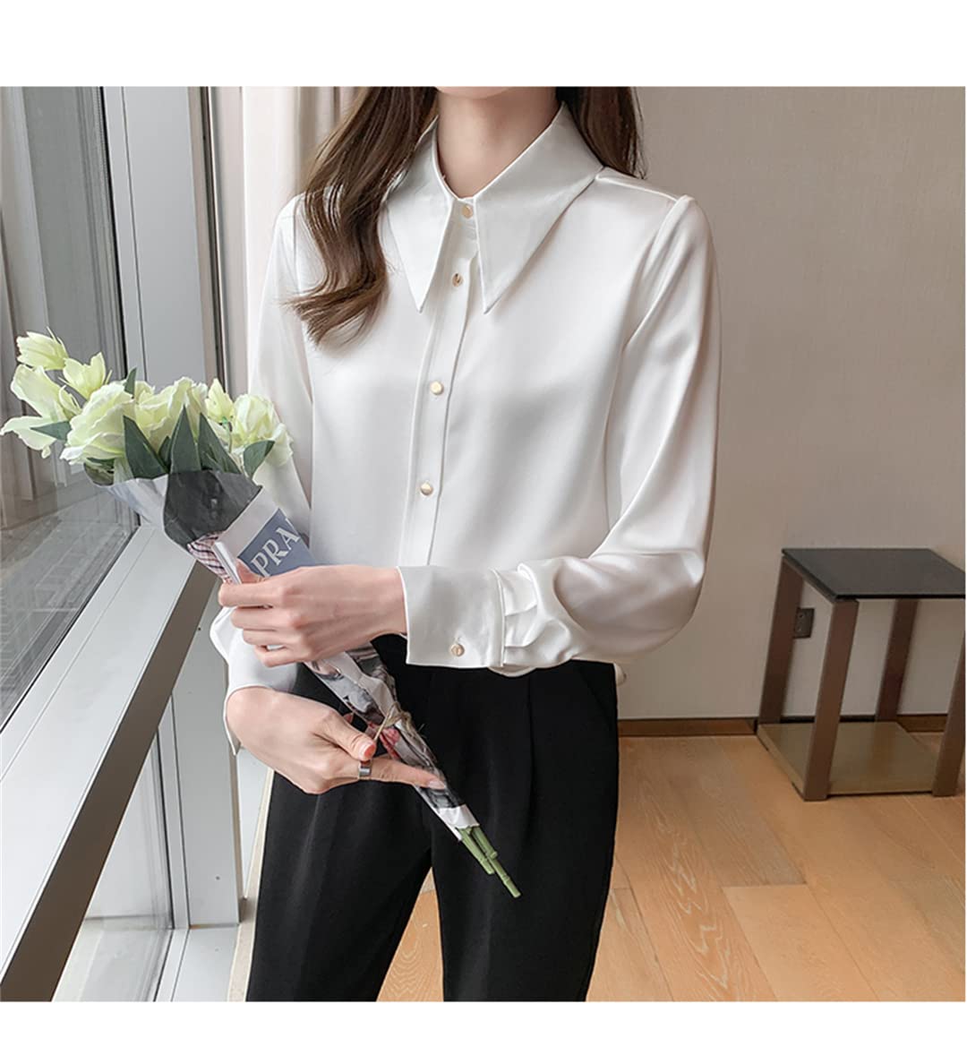 Chemise à Revers à Manches Longues pour Femmes Blouses en Satin Ample décontractées Femme Affaires Travail Chemise en Soie Formelle