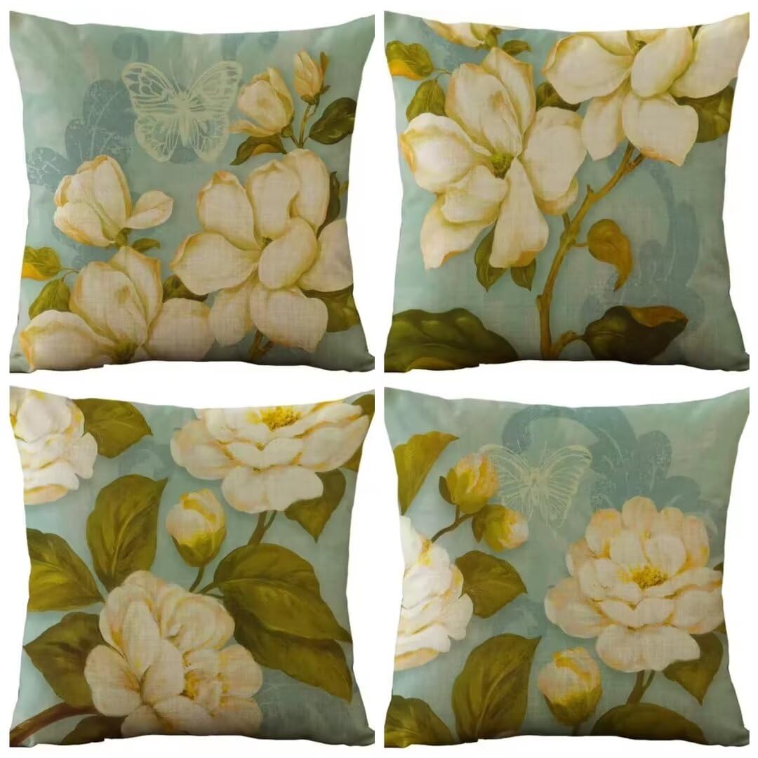 Housses de coussins en lin 50x50cm lot de 4 taies d'oreiller décoratives fleurs vertes de salon