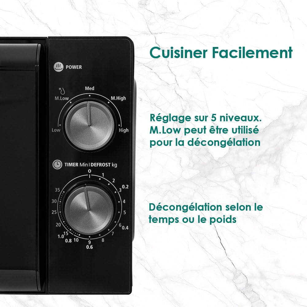 Micro-ondes 20L, Noir, Micro onde 700W, 5 Niveaux de Puissance, Chauffage Uniforme, Minuterie 35min, Compact Facile à Utiliser pour Décongélation et Chauffage Quotidien