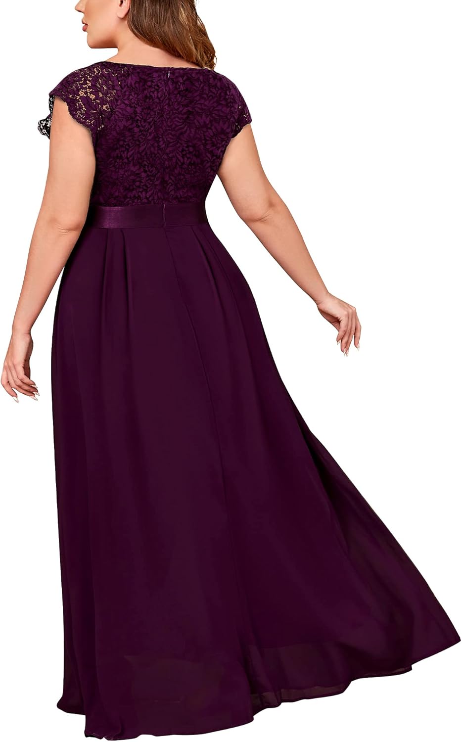 Miusol Women's Plus Size Cap Sleeve V Neck Floral Lace Ruffle Elegant Bridesmaid Evening Maxi Dress - Image 2