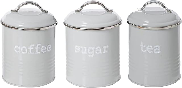 Innoteck Essentials Tea, Coffee, Sugar, Canister Set - Decorative Kitchen Food Storage - Easy to Open Airtight Lids - Storage Tin for Your Favorite Tea, Sugar, and Coffee - Set of 3 Canisters Grey