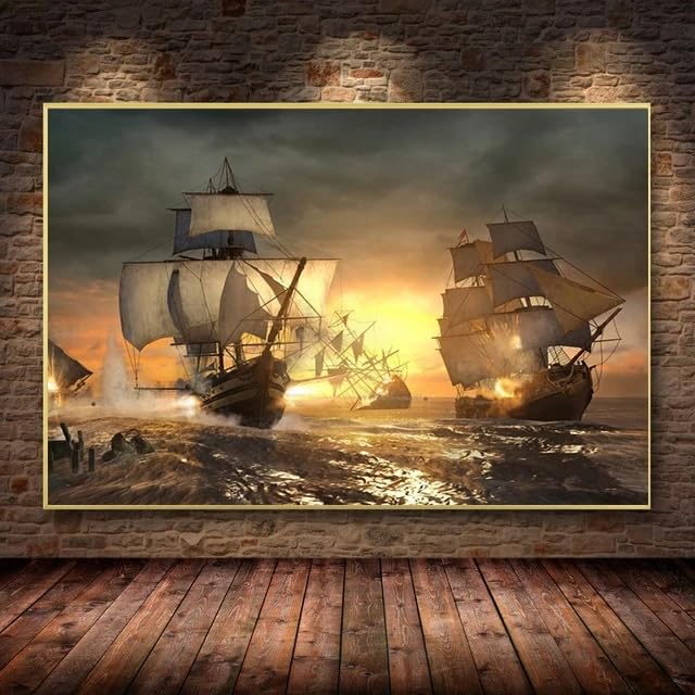 Velero negro en el mar cuadro vintage grande de 70x100cm para colgar en salones elegantes