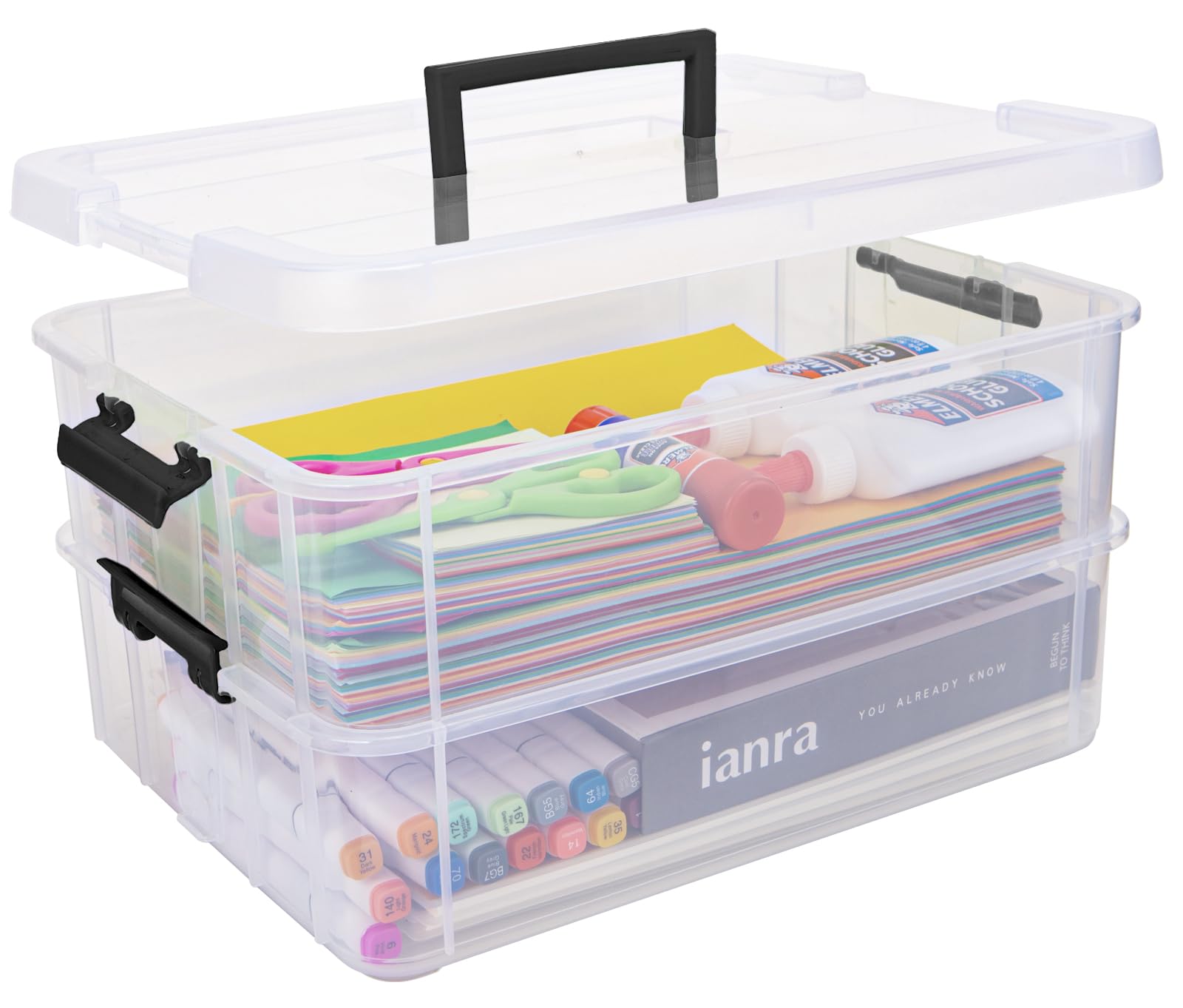 TERGOO 2 Layer Plastic Storage Containers with Lids, Multipurpose Clear Stack & Carry Box, Portable Craft Organizers and Storage Bin for Organizing