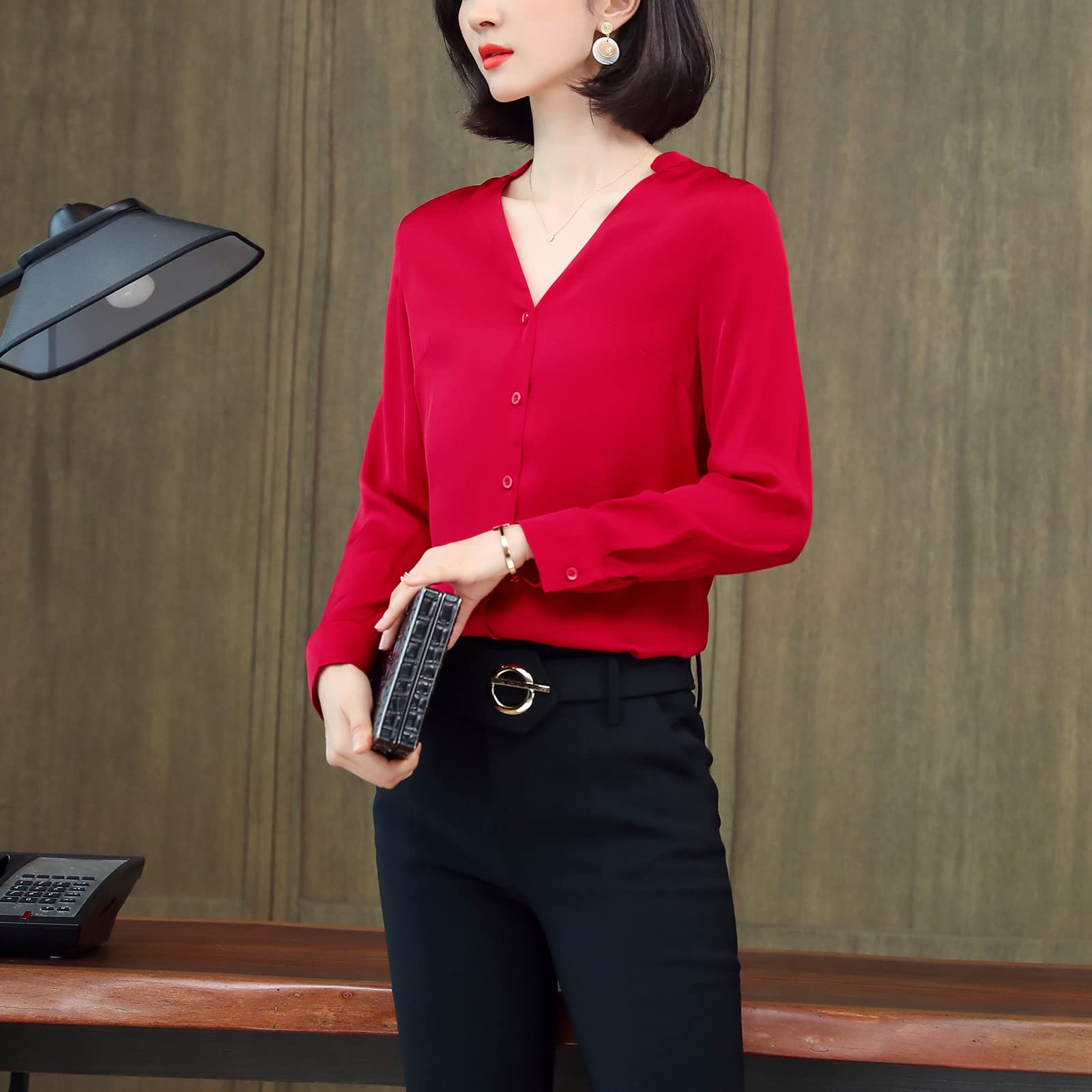 Valin Blusa de seda para mujer Camisa Sólido Botón Abajo Camisas Blusa de Manga Larga Cuello en V Blusa de Seda,S3366