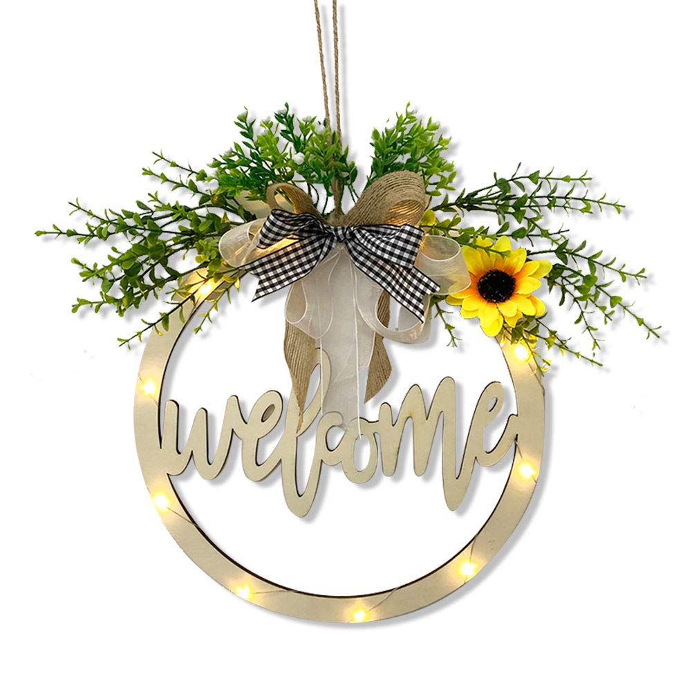 Ewolee Rustic Wooden Welcome Sign with LED Light String, 12 Inch Door Wreath Porch Décor for Home Decoration