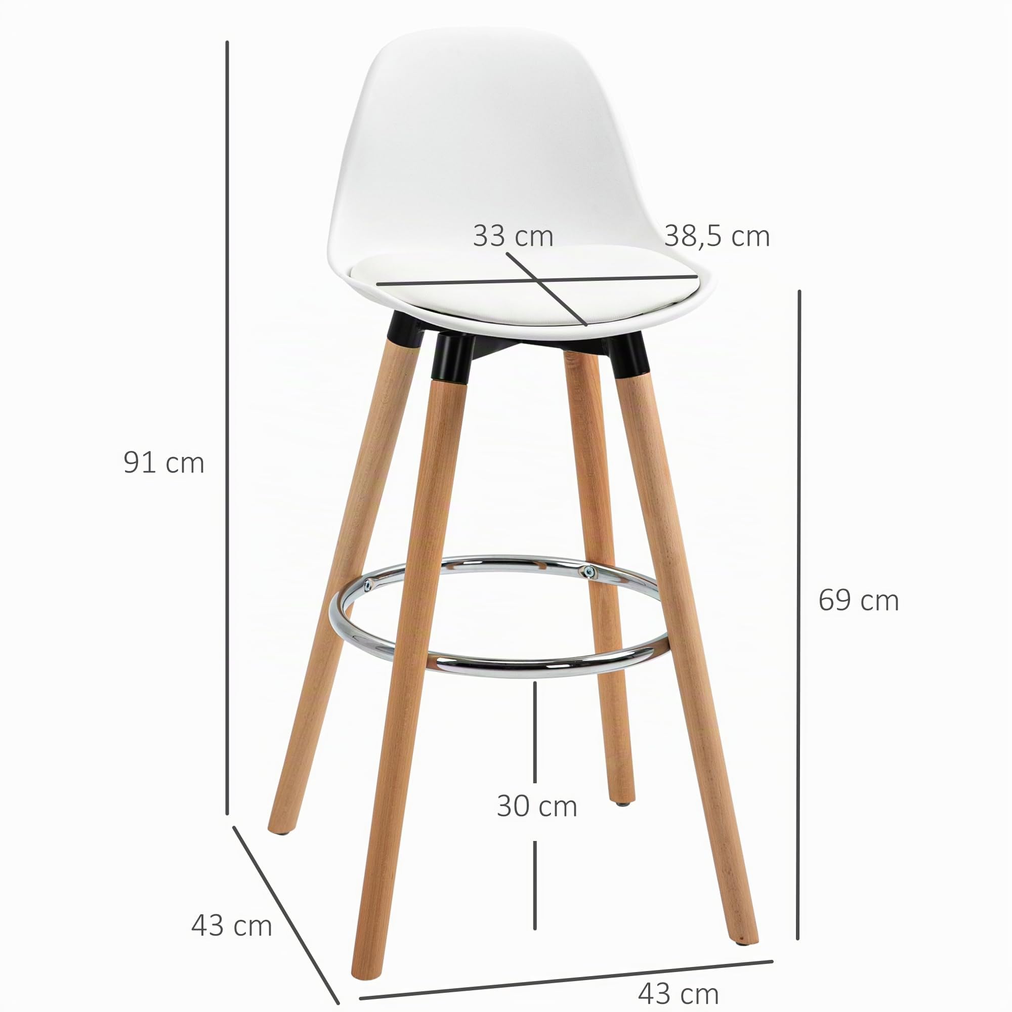HOMCOM Barhocker 2er Set Gepolstert mit Holzbeine und Rückenlehne, Weiß