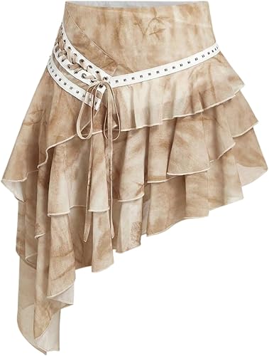 MakeMeChic Women's Layered Tiered Mini Skirt Lace Up Asymmetrical Studded Ruffle