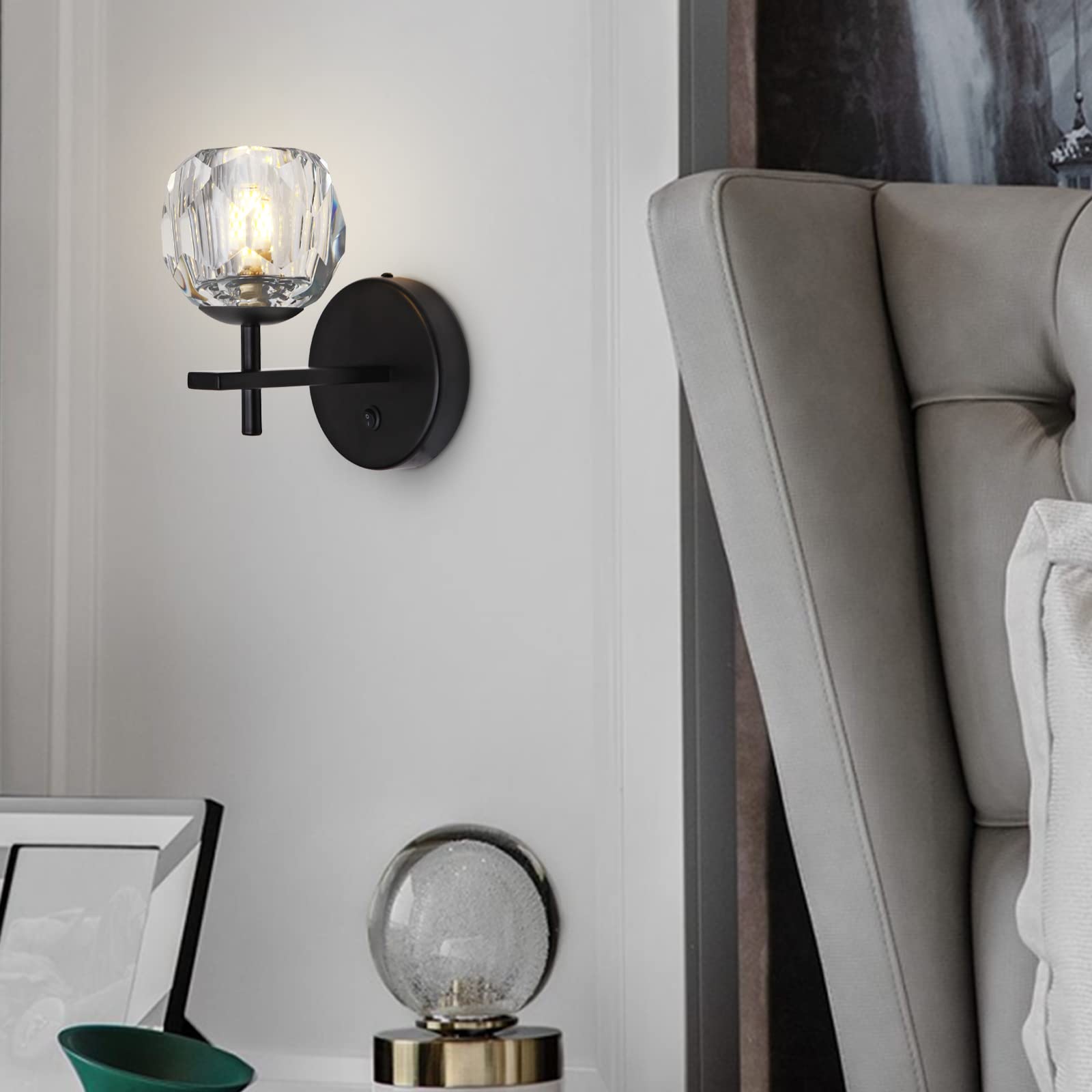 MASIVEL Black Sconces Wall Lighting Set of 2 Globe Crystal Wall Sconce with Switch Button Modern Wall Light Fixtures Indoor Wall Mount Lamp for Bedroom Hallway