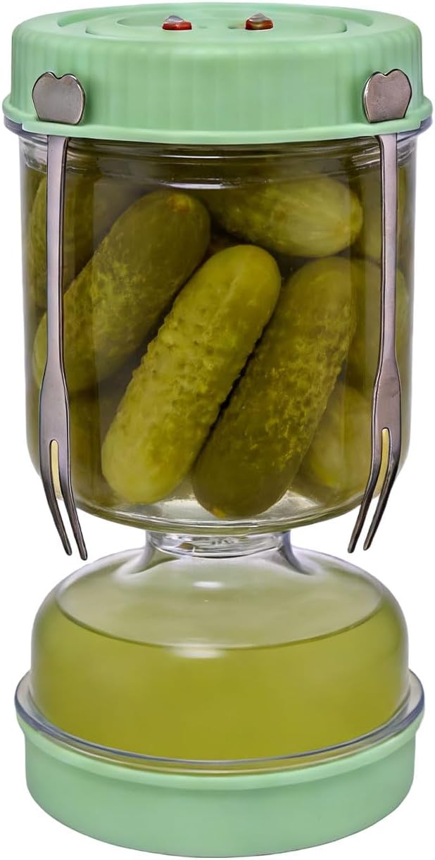 Cucumber Jar for Turning Over with Hanging Forks, Double Vent Valve Sealing Lid Container, 1000 ml Container Cucumber Glass, Hourglass Cucumber Jar for Olives, Kimchi, Jalapenos and Beets