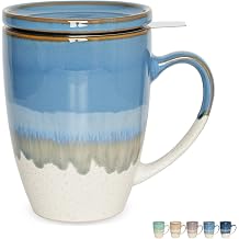 Bosmarlin Ceramic Tea Cup with Infuser and Lid, 13.5 Oz, 5 Colors to Choose, Dishwasher and Microwave Safe, Steeping Tea Mug with Strainer, Reactive Glaze Light Blue