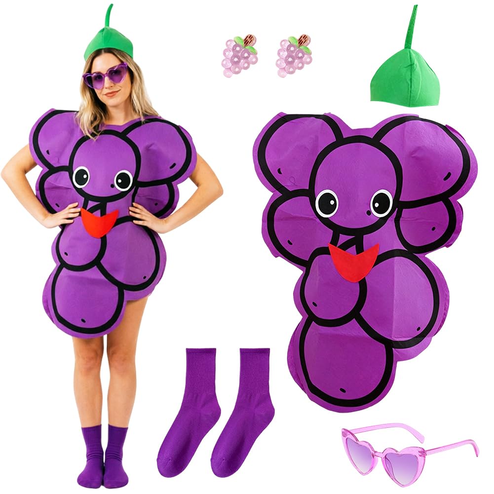Grape Costume for Adults, Fruit Cosplay Outfit Glasses Earrings Socks