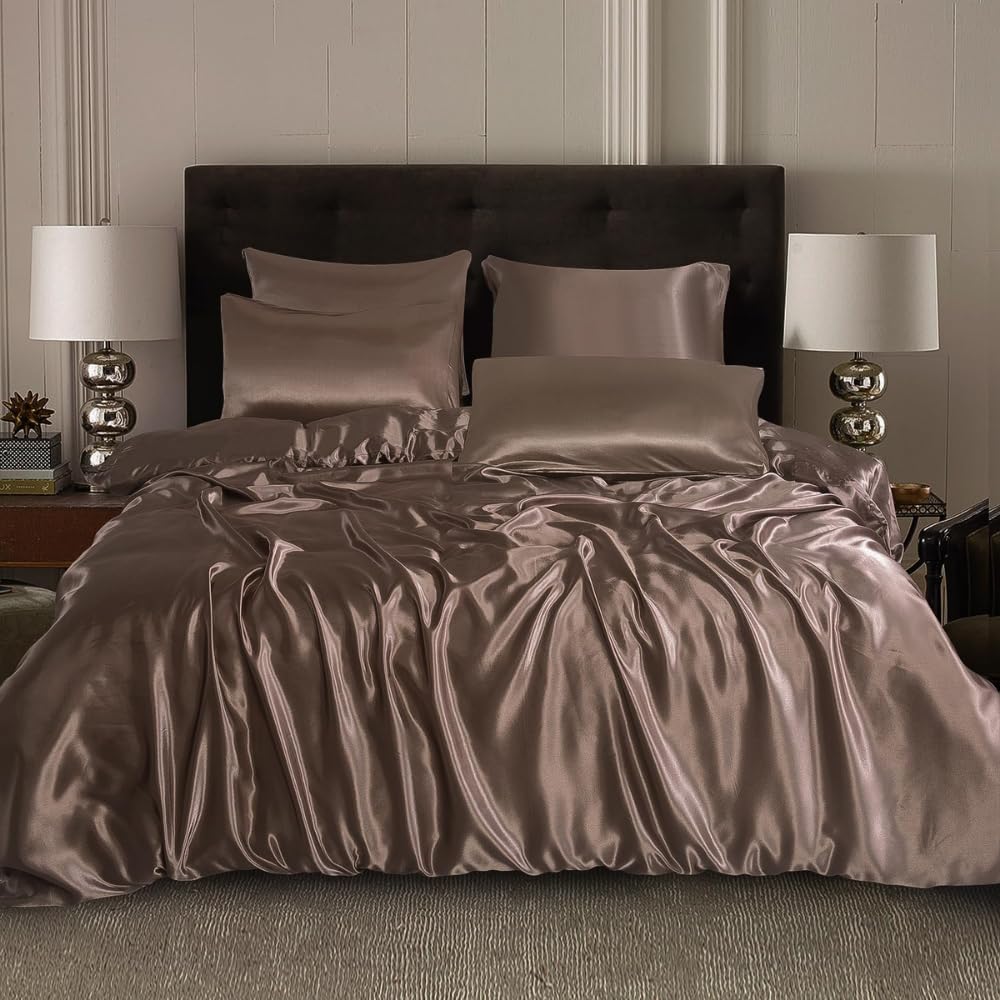 XXR SATIN SILK COMPLETE BEDDING SET DUVET COVER FITTED SHEET 4 PILLOW CASES 6 Pcs (Mink, Double)