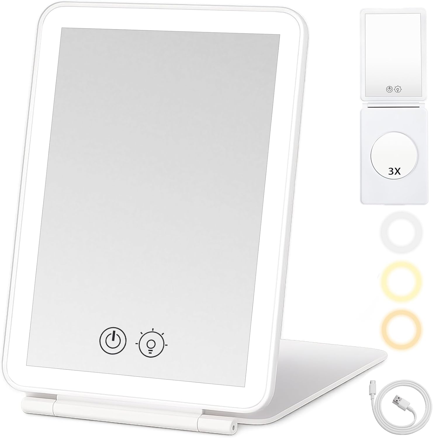 Saeda Tabletop Mirror, Vanity Mirror, Tri-Color Dimmable, Actress Mirror, LED Light, Foldable, Tabletop Mirror, Compact, Magnifier, 3x Magnifier, Tabletop Mirror, Touch Type, Stepless Brightness