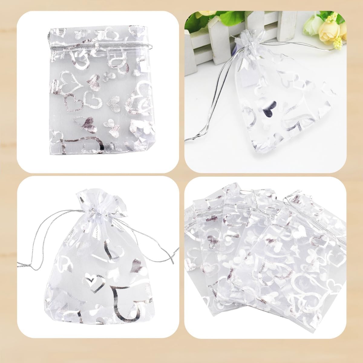100 pcs 3.5 x 4.7 Inch Flower Heart Organza Jewelry Gift Pouch Candy Pouch Drawstring Wedding Favor Bags X92 (all white with white heart) - Image 3