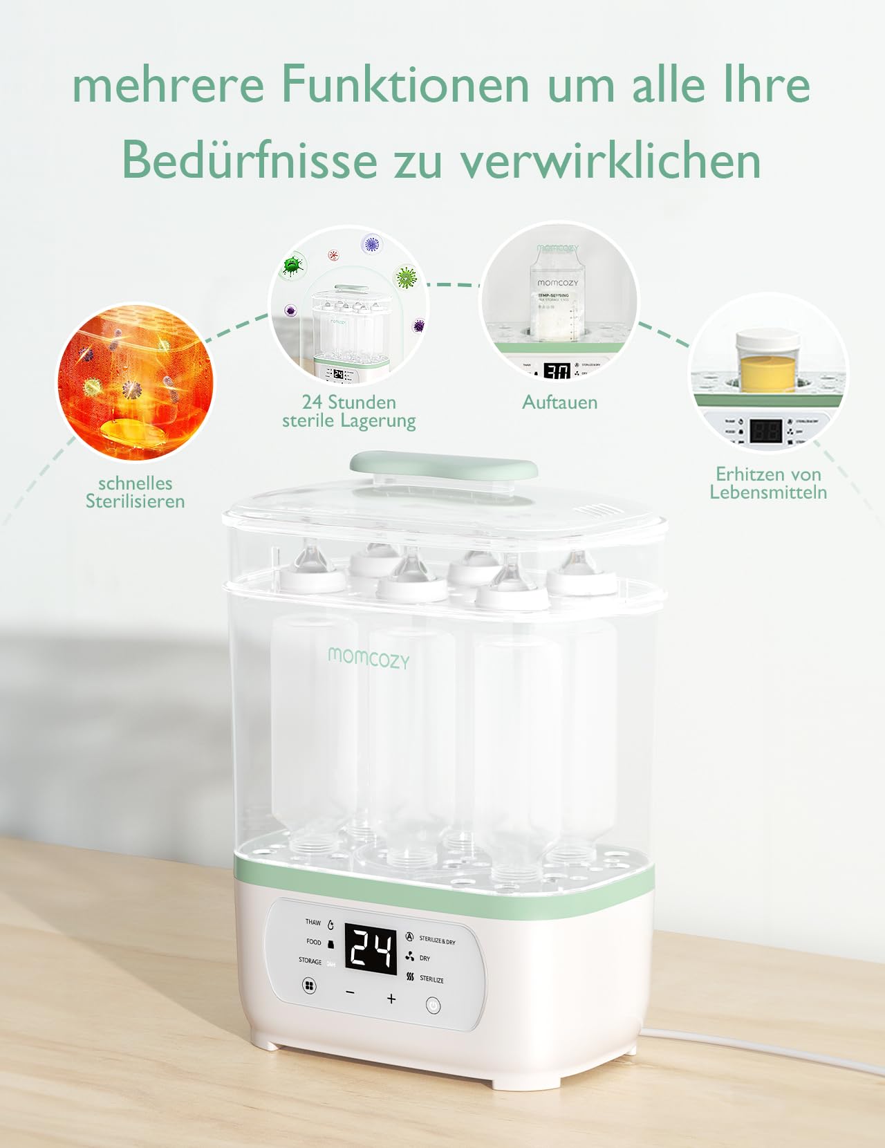 Momcozy Elektrischer Dampfsterilisator für Babyflaschen – 3-in-1 Dampfreinigung, Trocknet & Heizt, 8 Flaschen Kapazität aller Marken, Automatische 30 Min Schnelltrocknung für Schnuller & Spielzeug