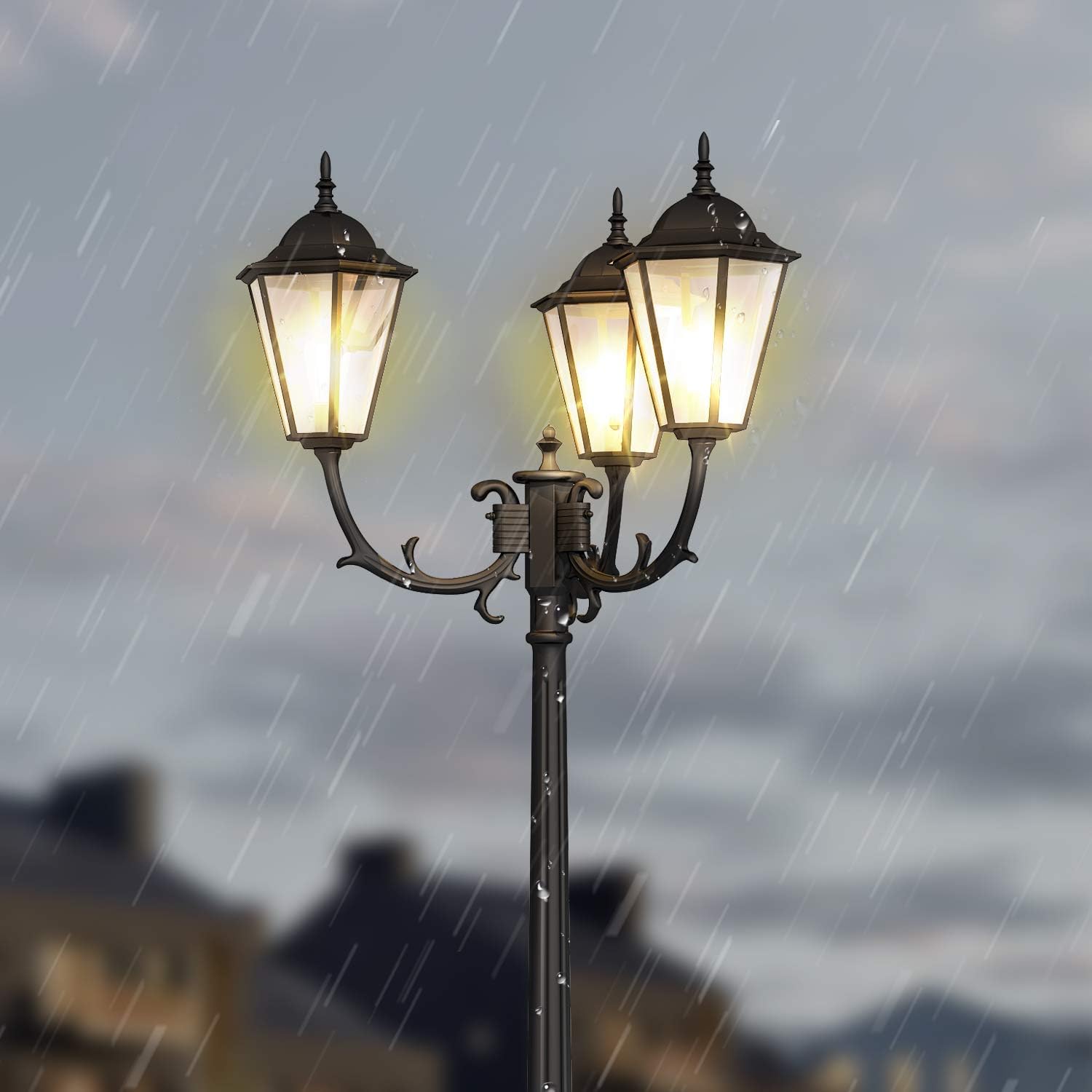 Crеаtіvе Prоduсt PARTPHONER Outdoor Lamp Post Light 3-Head, Waterproof Hexagon Black Street Light Pole with Clear Glass Shade for Yard, Garden, Patio, Path, Driveway