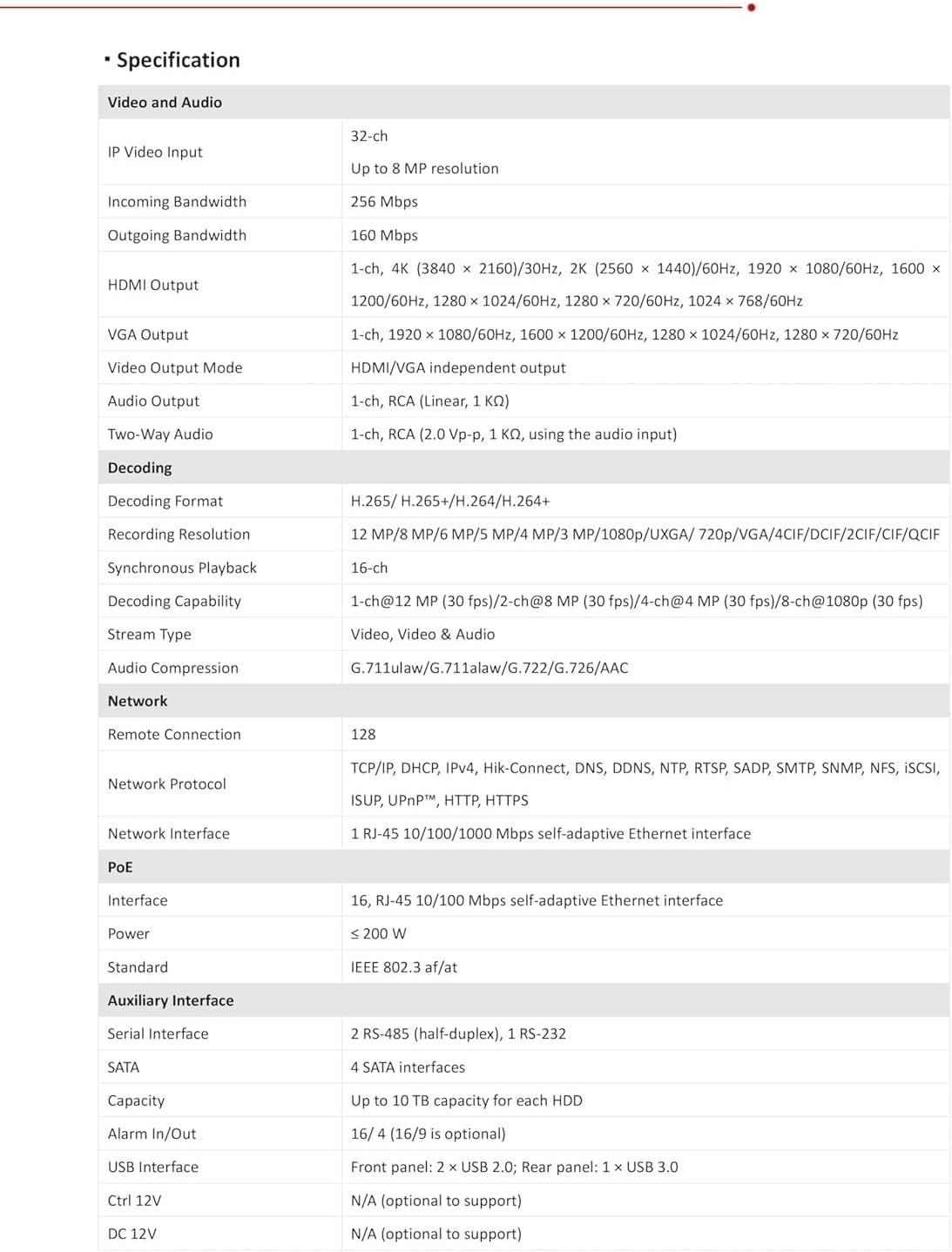 DS-7732NXI-K4/16P 32-Channel 4K 12MP AcuSense NVR(No Hard Drive), 16 PoE Ports, 4 SATA Bays, H.265 Network Video Recorder with Human & Vehicle Detection