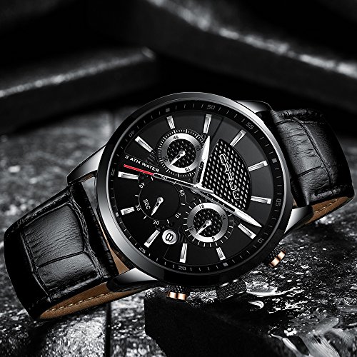Image of CRRJU Men's Business Casual Chronograph Quartz Waterproof Wristwatch Black Leather Strap