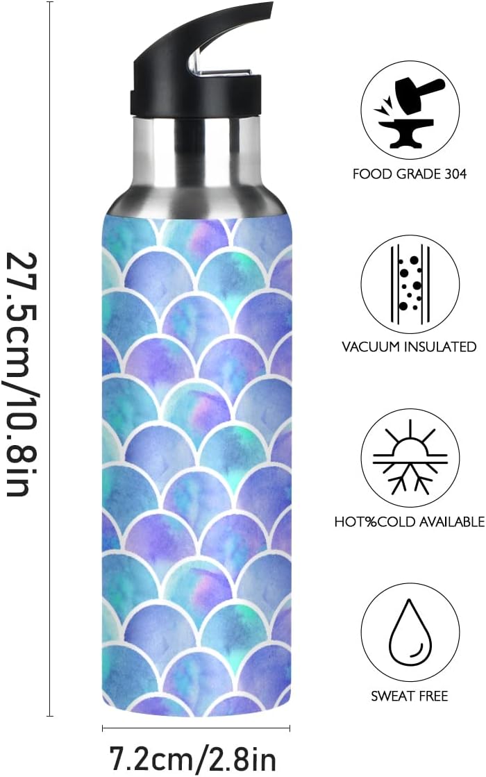 Insulated Water Bottle with Straw, Watercolor Rainbow Scales Of Mermaid Stainless Steel Flasks for Sports Cycling Hiking School