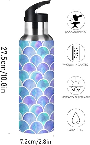 Miniatura 2 de MNSRUU Botella de agua aislada con pajilla, escamas de acuarela arcoíris de sirena de acero inoxidable para deportes, ciclismo, senderismo, escuela