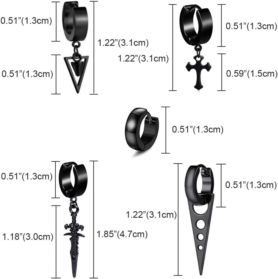 5 Pairs Punk Hip-hop Stainless Steel Black Dagger Geometric Triangle Cross Sword Dangle Surgical Huggie Hoop Earrings Set Gift for Men Women Teen - Image 6