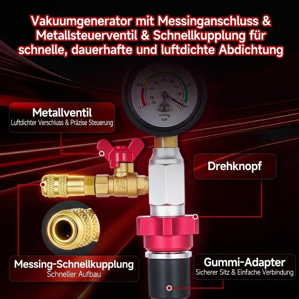 BILITOOLS 10-TLG. Kühlmittel Vakuum Befüll- und Entlüftungsgerät Set, Universelles Kühlsystem Befüllgerät mit Adaptern, Schnelle Entlüftung für die meisten Fahrzeuge