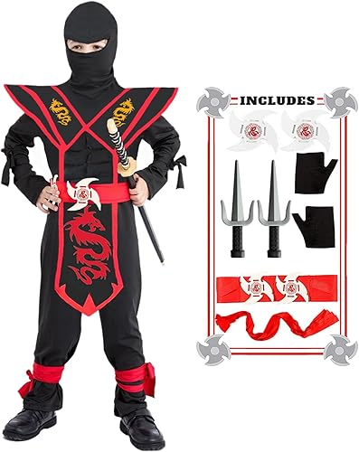 Kids Ninja Costume Set Halloween Ninja Cosplay Costumes with Halloween Ninjas Accessories for Boys Dress up Rojo,Negro
