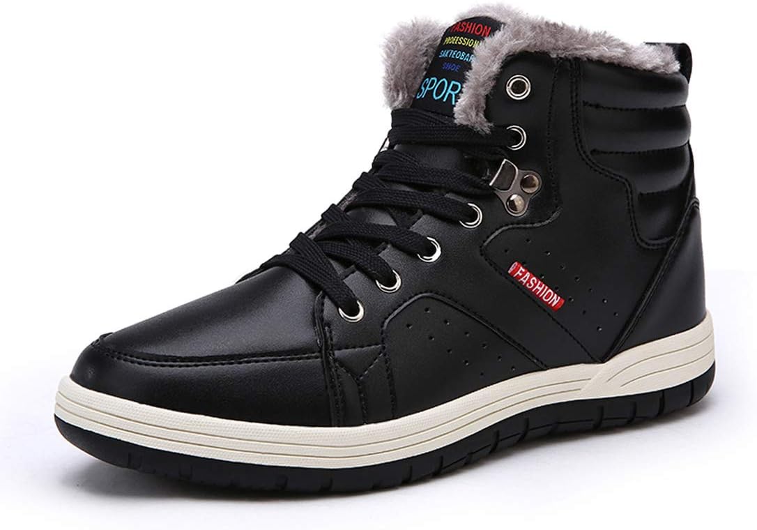 Ceyue Mens Leather Snow Boots Lace up Ankle Sneakers High Top Winter Shoes with Fur Lining