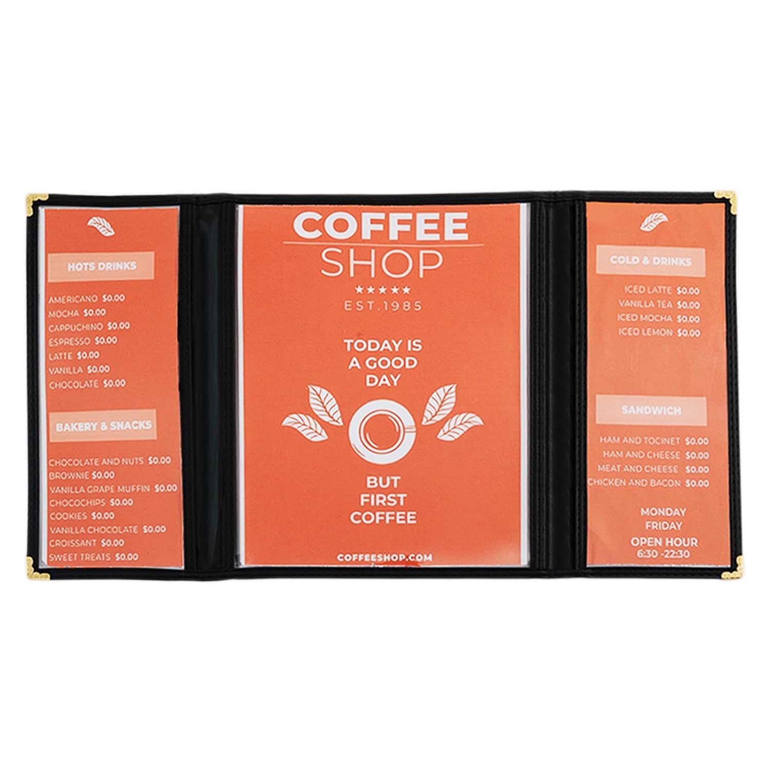 Goodsmart Restaurant Menu Covers，12 Pack,2Page 4.25" x 11", 1page 8.5" x 11" Top-Loading Vinyl Menu Holders with Clear Sleeves, Double-Stitched Edge, Leather-Style Café Covers with Gold Corners