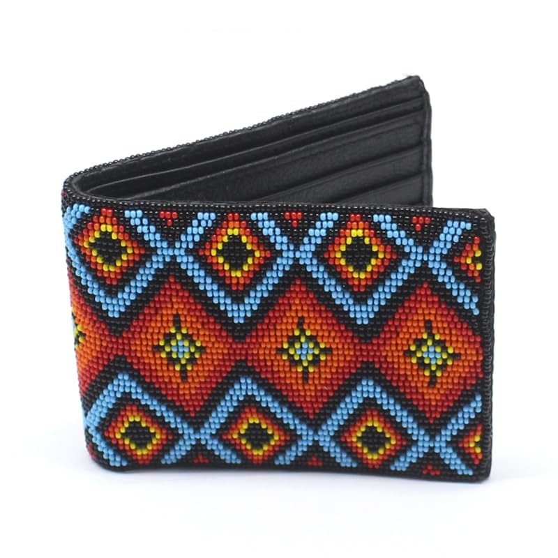 Beaded Leather Wallet, Seed Beads Native American Style Unisex Wallet, Handmade Beaded Purse. (Turquoise Blue,Red,Orange)2