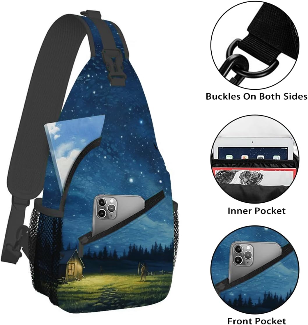 Small Forest Galaxy Nebula Sling Bag for Women Men Lightweight Chest Bag Crossbody Daypack Anti Theft Shoulder Backpack with Adjustable Shoulder Strap for Outdoors Sports Hiking Travel