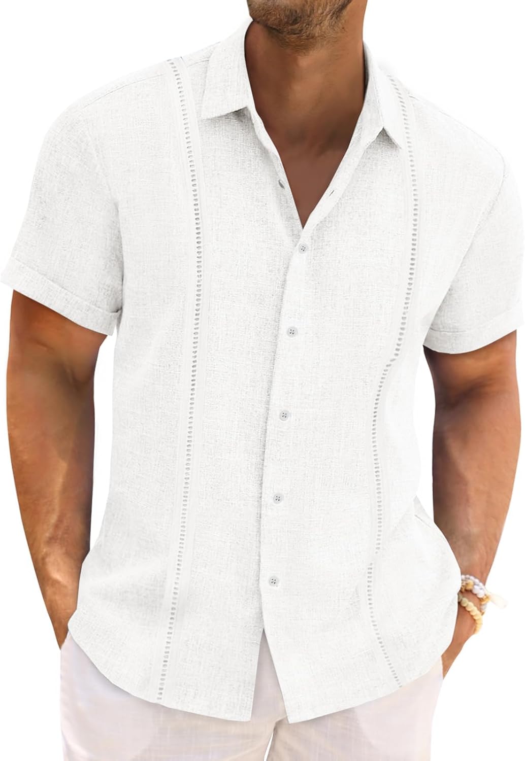 Runcati Mens Cuban Guayabera Shirts Short Sleeve Linen Casual Shirt Button Down Beach Summer Mexican Shirts