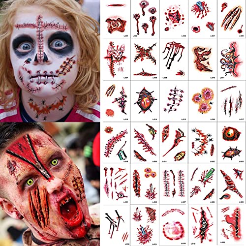 30 Sheets(160 Pcs) 3D Fake Scar Tattoos, Halloween Makeup Kit, Fake Stitches Tattoos Cut Scary Face Wound Blood Chucky Scars Zombie Tattoos For Kids Women Men Boys Girls Halloween Makeup Sticker