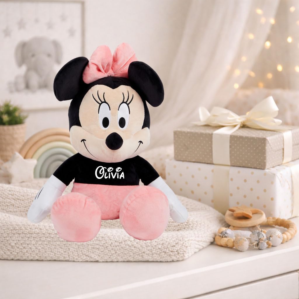 Disney Official Minnie Mouse Personalized Soft Toy for Kids, 10 Inch Cuddly Character with Fuzzy Texture and Embroidered Details, Flexible Floppy Ears, Plushy Suitable for All Ages