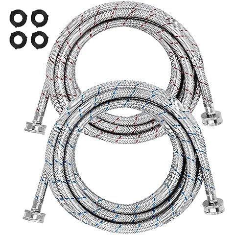 15ft Long Washing Machine Hoses (2 Pack) by Beaquicy - Stainless Steel Hot and Cold Striped Water Supply Lines - Universal Fit to All Wash Machines - Burst Proof Leak Free Hose - 10 YEARS WARRANTY Cover