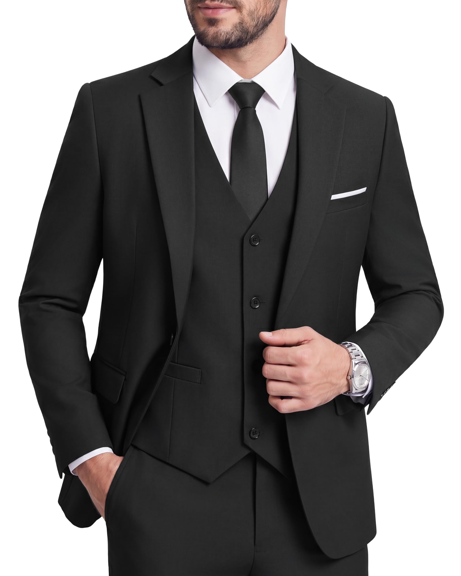 wulful Men's 3 Piece Slim Fit Suit Set One Button Blazer Jacket Pants Tuxedo Set-picture-12
